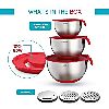 Stainless mixing bowls with airtight lids, measurements, pour spouts, for food prep, baking, cooking. 