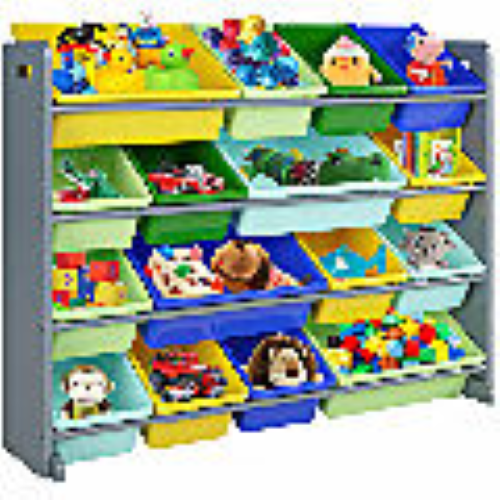 Toy and book storage organizer with removable bins.