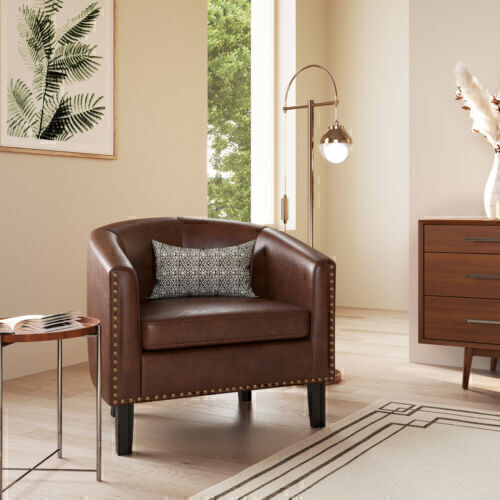 Modern brown faux leather club chair. 
