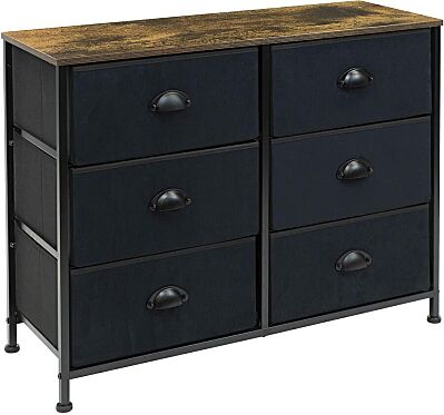 6 Drawer dresser, wood top, metal frame, cloth drawers. 