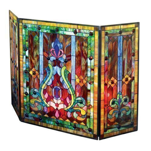 Tiffany style Fleur de Lis stained glass fireplace screen. 