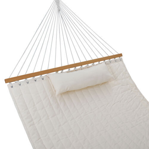 Detailed view of hammock with pillow. 