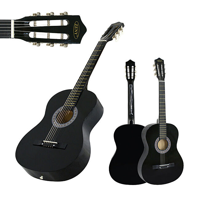Inset of front, front & back of beginner guitar starter set. 
