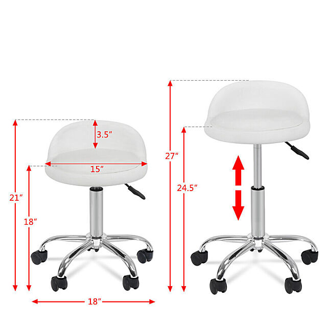 Wheeled facial stool with dimensions. 