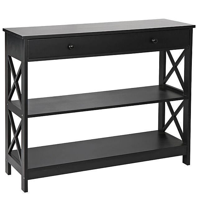 Console table with x design at shelf ends. 