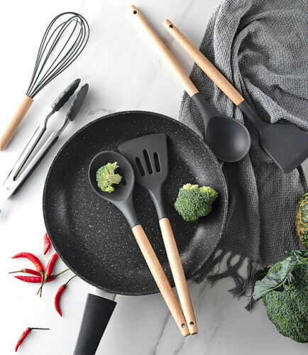 Non-stick, non-toxic Food grade silicone ends with wooden handles.