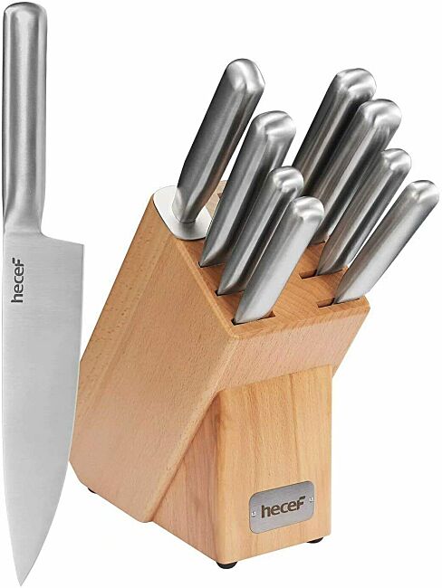 Stainless steel kitchen knife set with block & sharpener. 