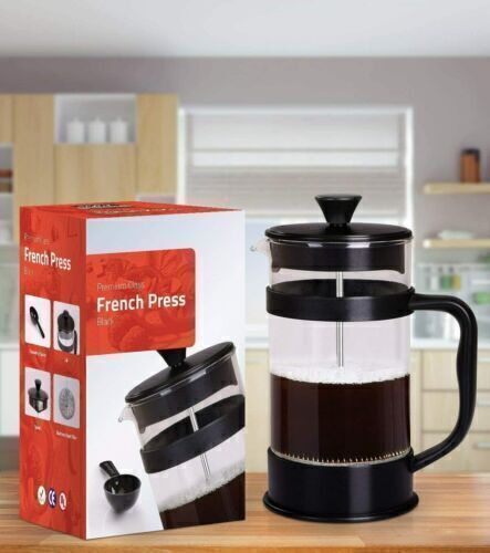 French press with the box. 