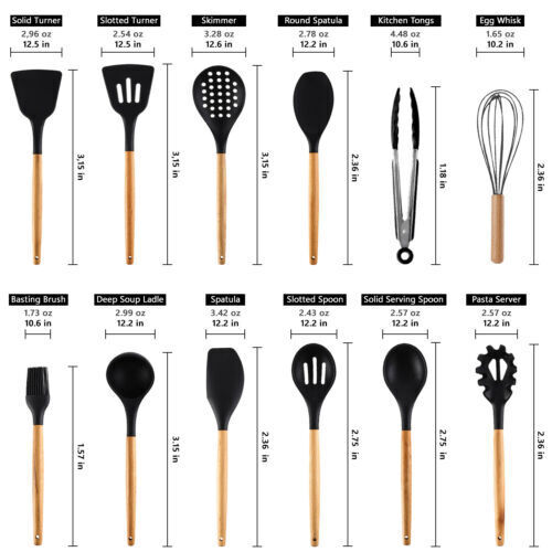 Silicone Kitchen utensil set with measurements.