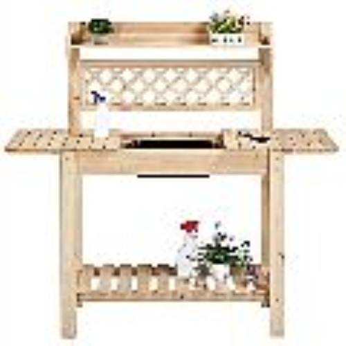 Potting bench with sliding tabletop and removable sink.