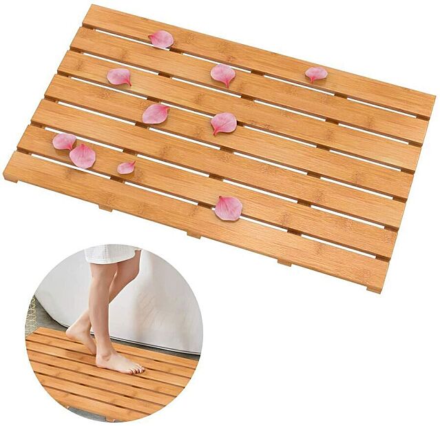 Non-slip shower/bath mat made of wooden boards. 