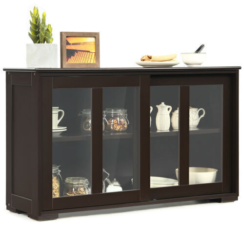 Dining sideboard cabinet with dinnerware inside. 