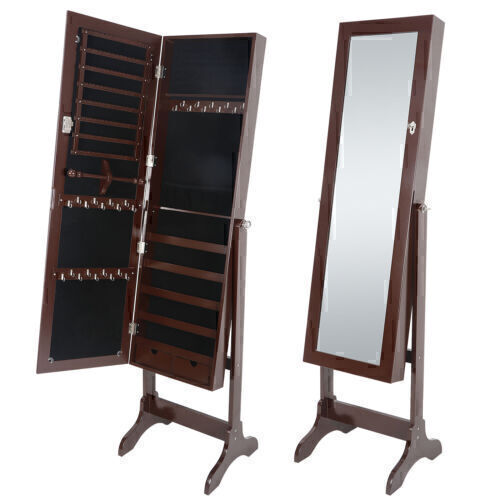 Full length mirrored jewelry armoire, closed and open.