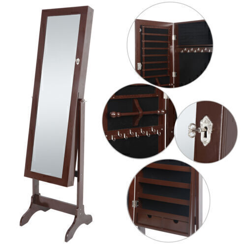 Jewelry stand mirrored cabinet with inset details picture.