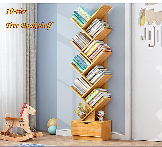 Space saving book storage rack with 10 shelves.
