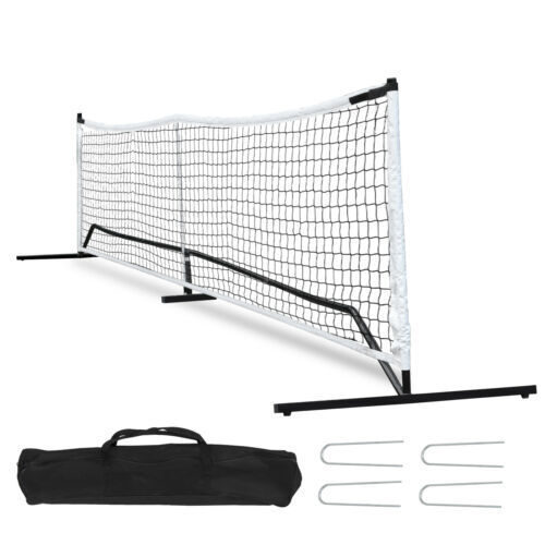 Portable outdoor pickleball net with steel stand. 