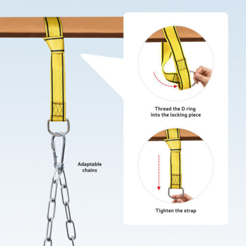 Detailed view of hanging straps and how to connect the chain for the swing. 