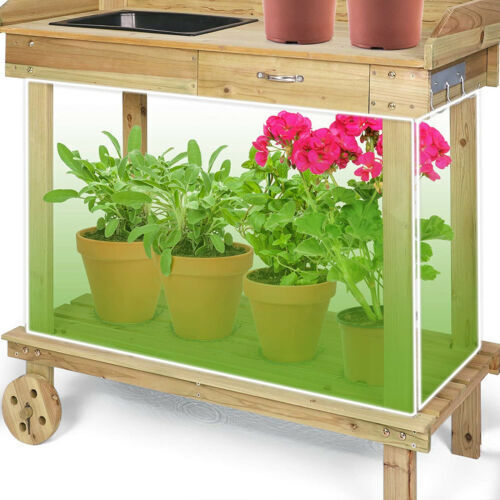 Potting bench with storage shelf and drawer. 