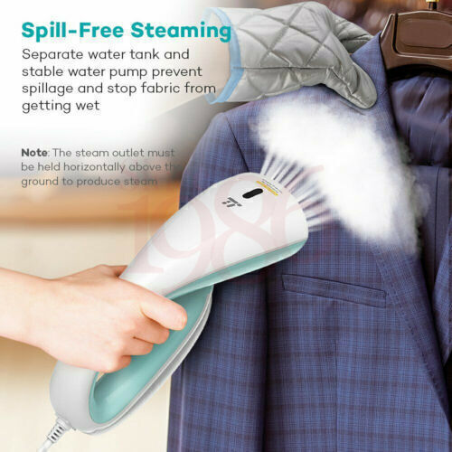 Person using the hand held fabric steamer on fabric. 