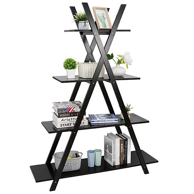 Black A-Frame bookshelf. 