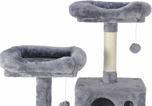 Cat tower with faux fur covered perches. 