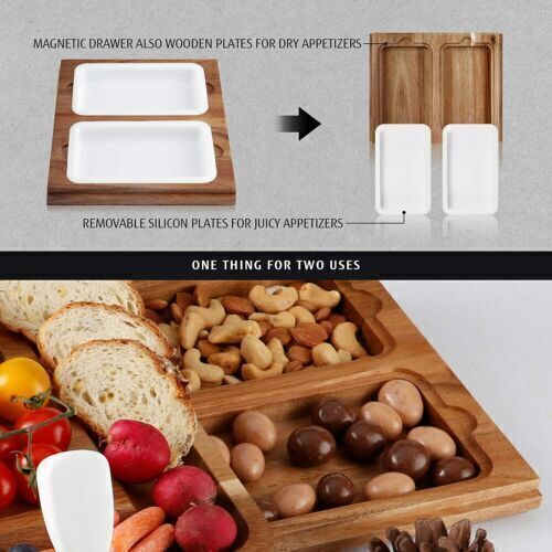 Detailed view of the drawer with and without the liners for serving wet or dry snacks. 