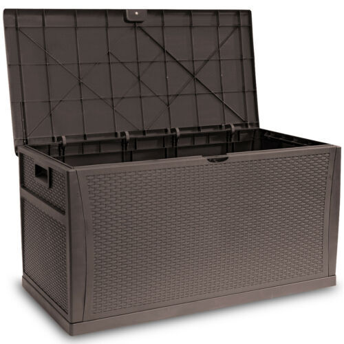 Brown patio storage container with open lid. 