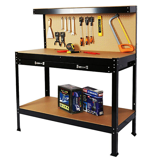 Work bench with tool storage shelf & drawer.