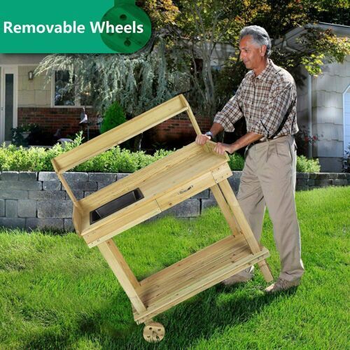 Wheels on one  end to make transporting the potting bench easy.