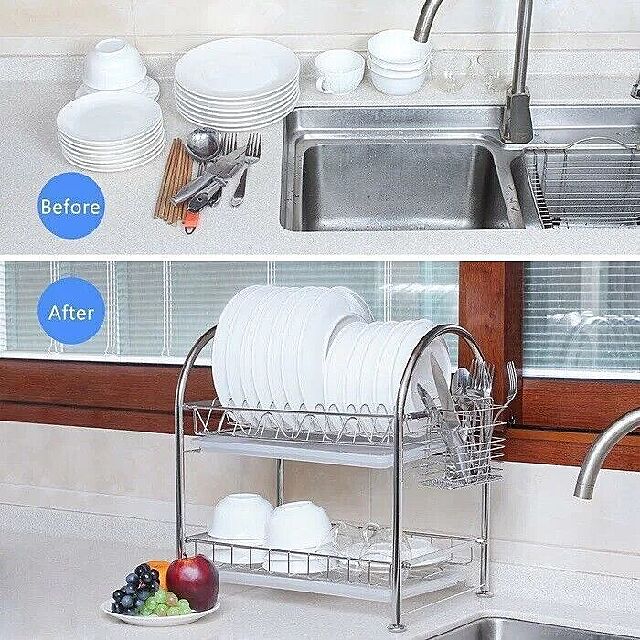 Double dish drying rack for space saving, great for small kitchens. 